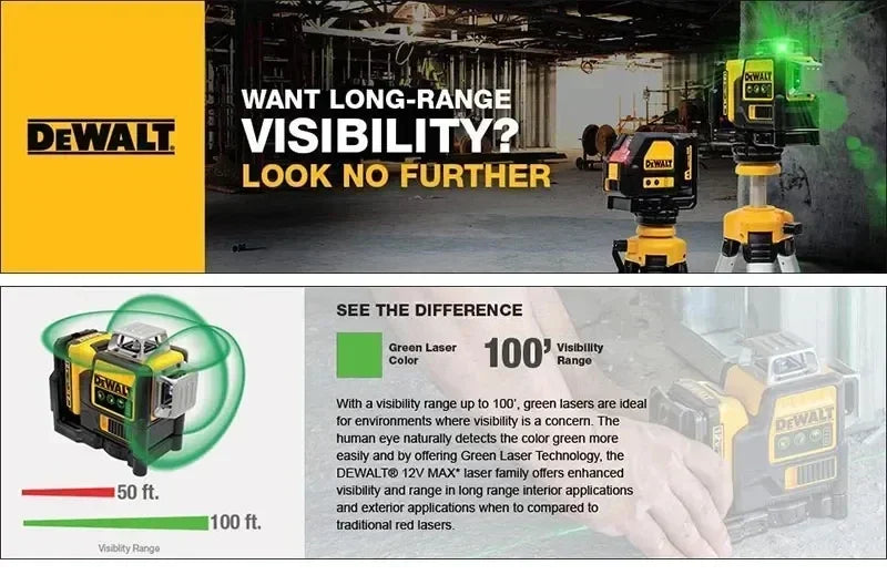 DEWALT Laser Level DW089LG Self Levelling 12 Line 3 x 360 Degrees Green Beam Laser 12V MAX Li-Ion Battery Lasers